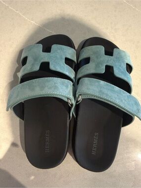 Hermes Teal Suede Oran Slide Sandals